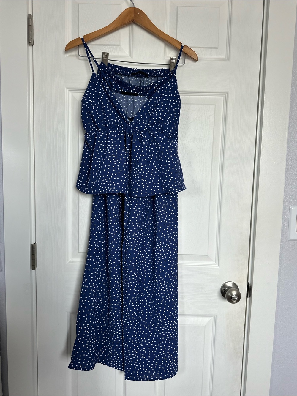 Navy Blue Polka Dot Spaghetti Strap and Flare Pants Outfit